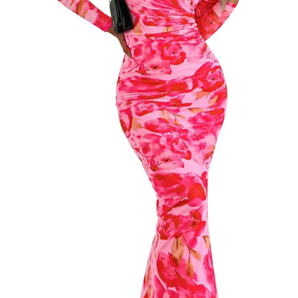Pretty Garden Pink Floral Long Sleeve Bodycon Maxi Dress